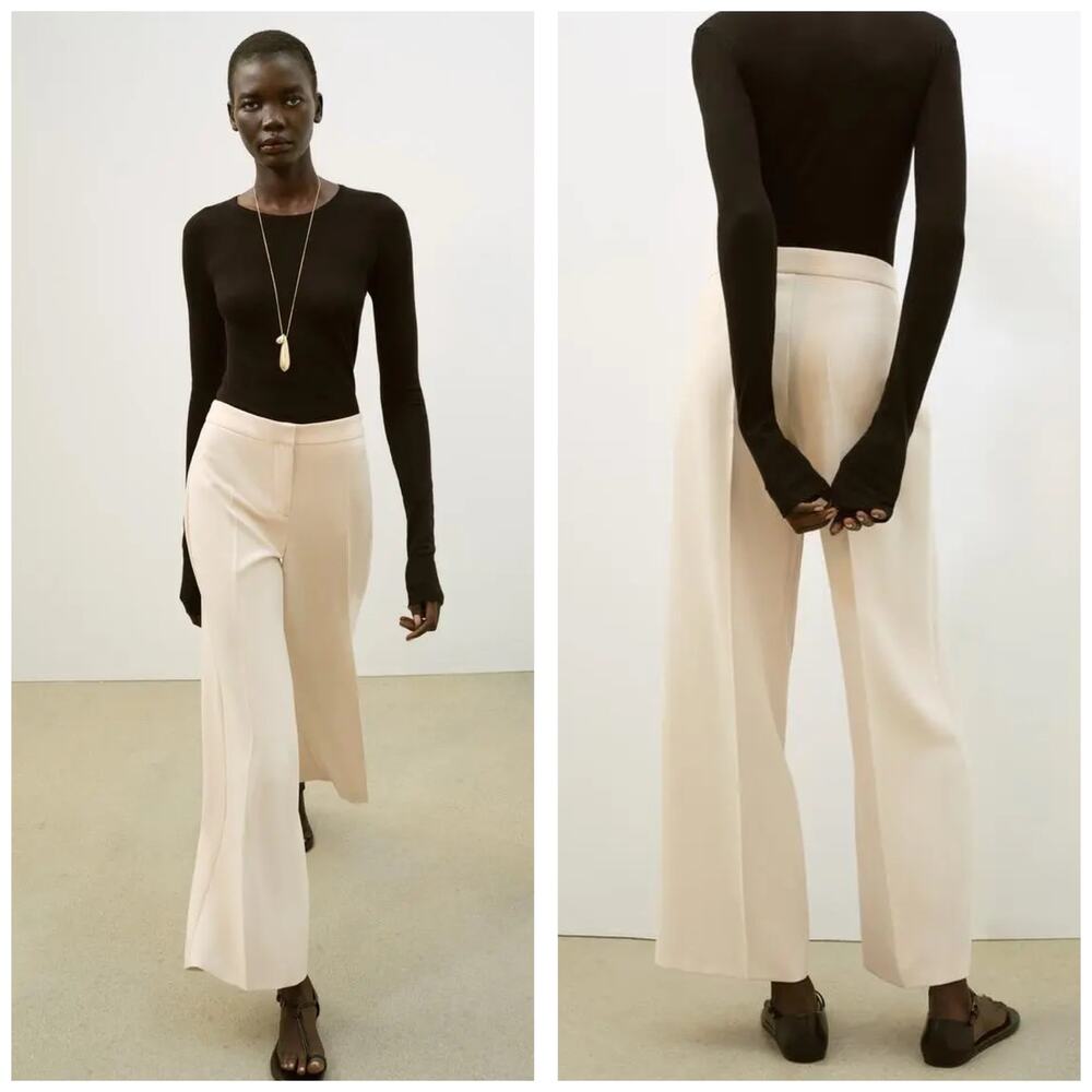 Zara Cream Wide Leg Trousers Size Medium 2154/755 Chic Preppy Quiet Luxury